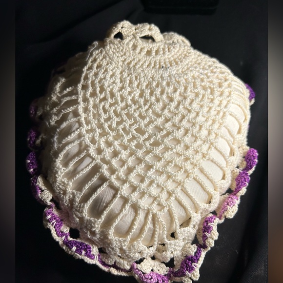 VTG Pretty Crocheted Purple and White Covering on Satin Heart Pillow. - Picture 3 of 9